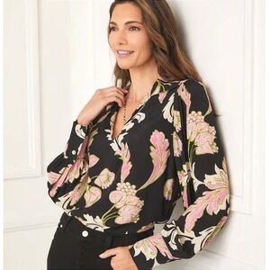 Karen Kane Pink Shimmer Blouson Top Floral Print Black Pink XL